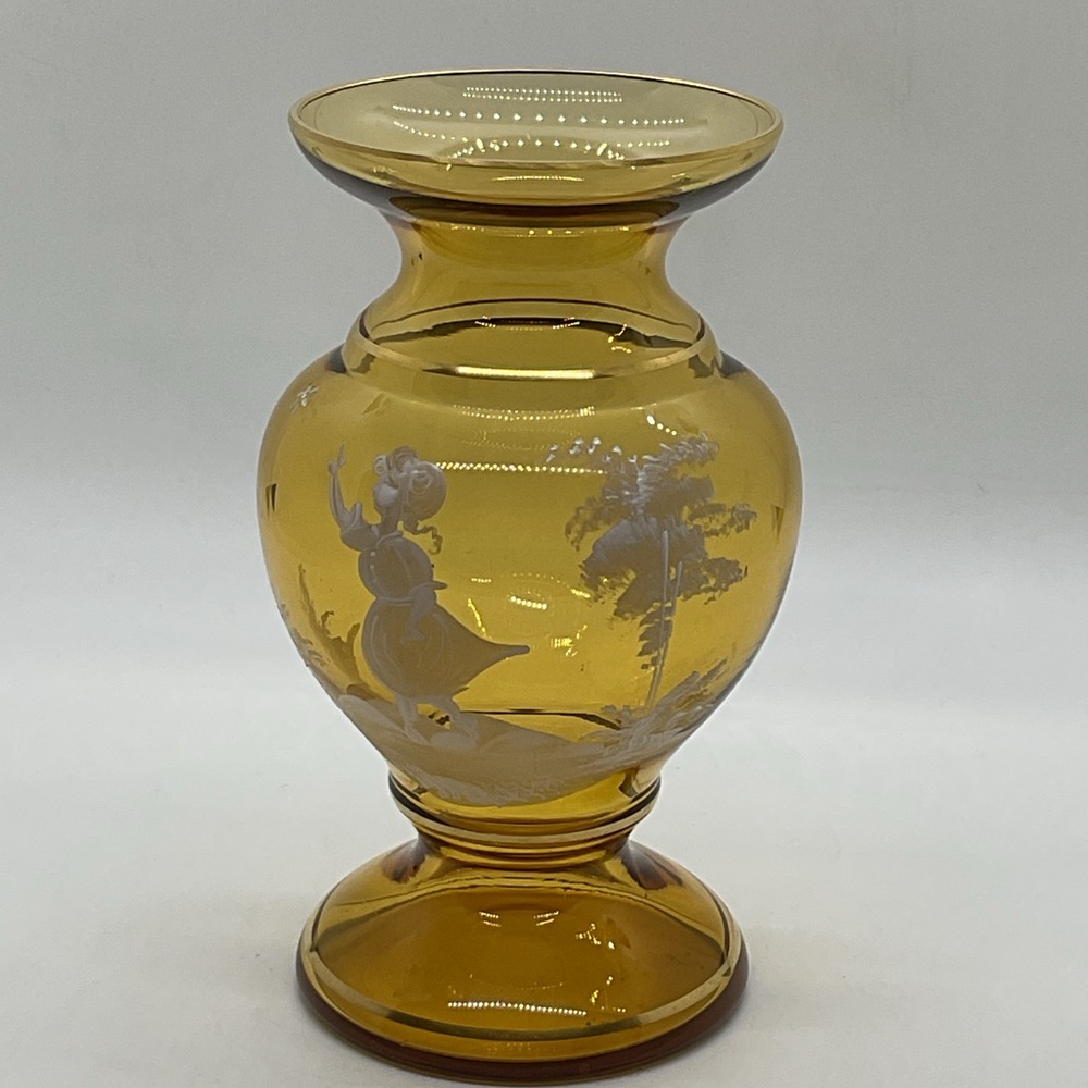 Vintage Mary Gregory Amber Glass Vase with Girl and Butterfly